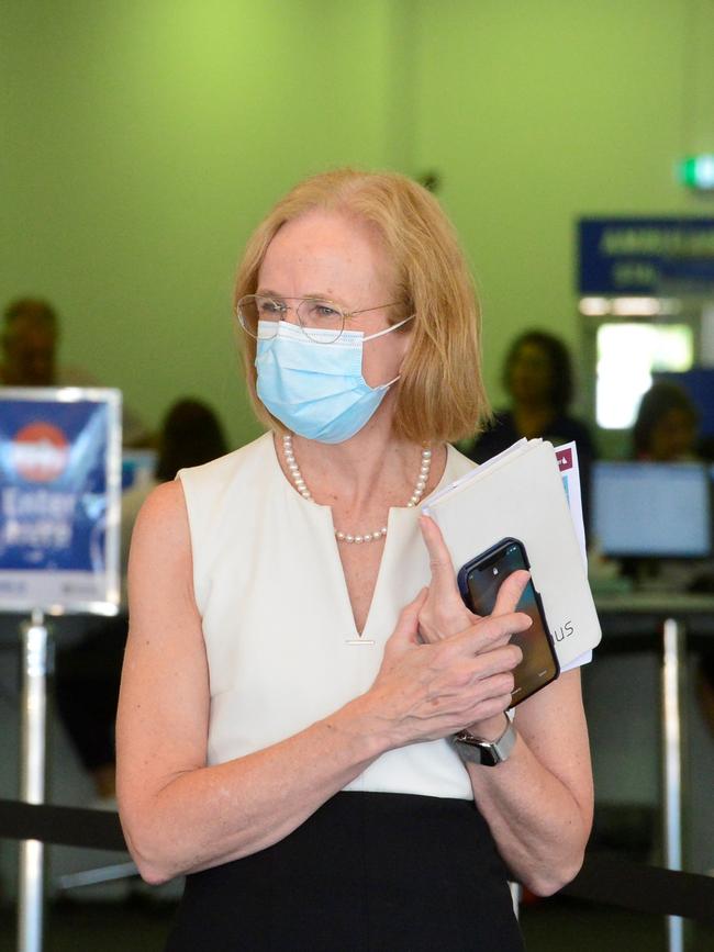 Dr Jeannette Young at the Townsville Community Vaccination Centre. Picture: Caitlan Charles