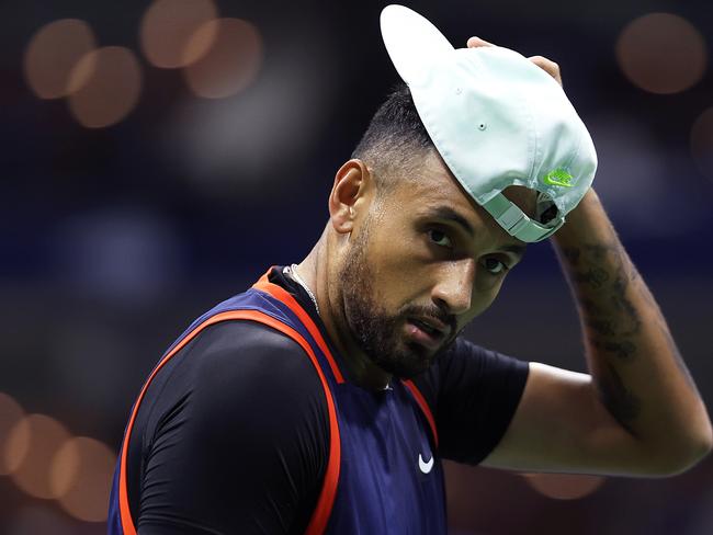 NEW YORK, NEW YORK - SEPTEMBER 06: Nick Kyrgios of Australia looks on in his match with Karen Khachanov during their Menâs Singles Quarterfinal match on Day Nine of the 2022 US Open at USTA Billie Jean King National Tennis Center on September 06, 2022 in the Flushing neighborhood of the Queens borough of New York City.   Julian Finney/Getty Images/AFP