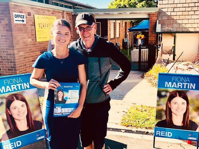 Reid MP Fiona Martin with former Rosebank College principal John Hawley on election day in 2019.