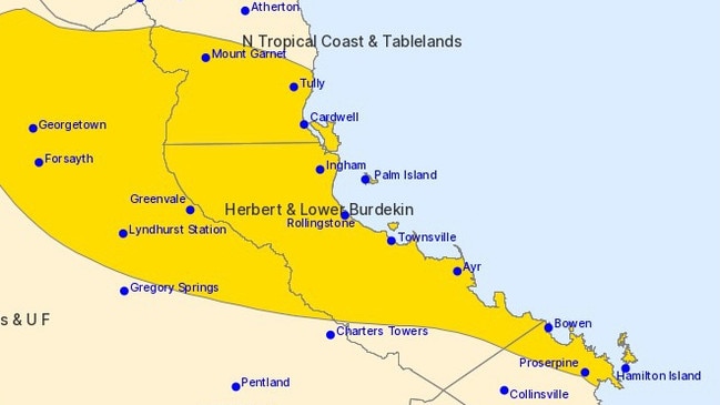 A severe weather warning now stretches to Bowen and the Whitsundays on February 11. Image: BOM