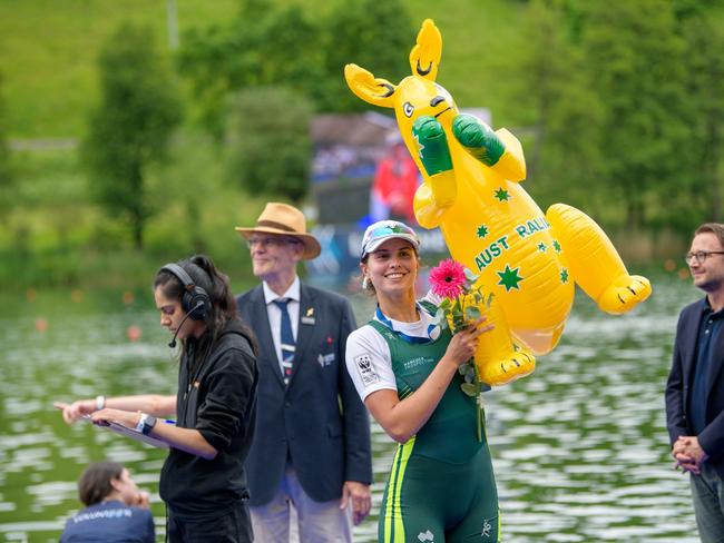 Tara Rigney celebrates after winning a silver medal in Switzerland. Picture: Rowing Australia