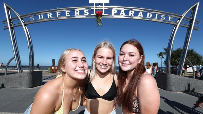 Schoolies from Rockhampton (L-R) Ella Cruickshank, Amy Barnes, and Jade Assay pictured in Surfers Paradise. Photograph: Jason O'Brien