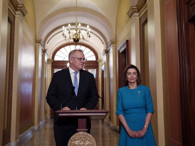 Australian Prime Minister Scott Morrison speaks as US Speaker of the House Nancy Pelosi (D-CA) listens during a meeting at the US Capitol in Washington, DC. Picture: AFP