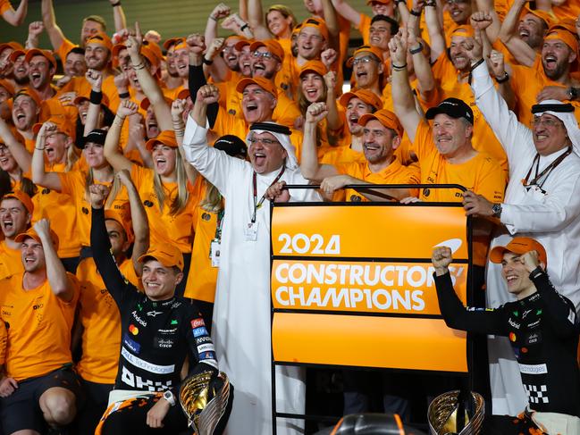 Lando Norris, Piastri and the McLaren team celebrate winning the 2024 F1 Constructors Championship in Abu Dhabi. Picture: Joe Portlock/Getty Images