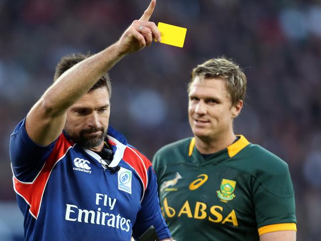 LONDON, ENGLAND - NOVEMBER 15: Referee Steve Walsh (ARU) holds up a yellow card for Dylan Hartley of England (not in picture) during the QBE International match between England and South Africa at Twickenham Stadium on November 15, 2014 in London, England. (Photo by Steve Haag/Gallo Images/Getty Images)