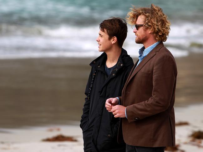 Simon Baker and his then 16-year-old son Claude Baker at Ocean Beach, Denmark, in WA, in 2016 before filming started on Baker’s stellar adaptation of Tim Winton's novel Breath.