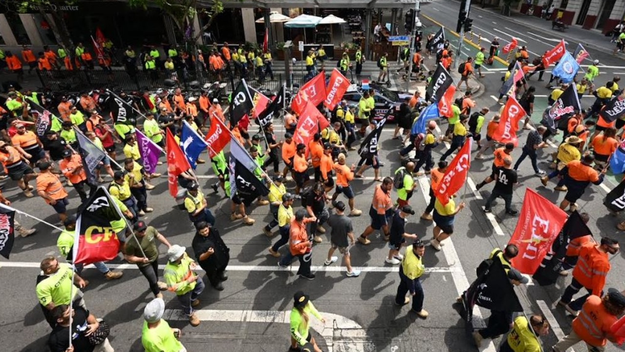 Unionists march through Brisbane's CBD. Picture: Lyndon Mechielsen