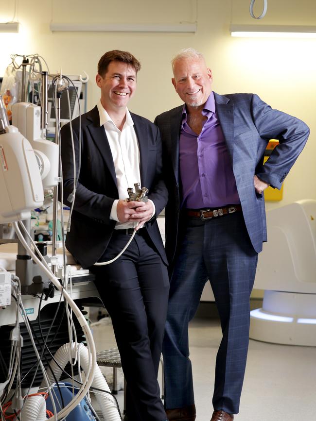 Dr Timms, left, with Dr Billy Cohn of the Texas Heart Institute in Sydney to begin preparations for the first use of the artificial heart in Australia. Picture: Jane Dempster