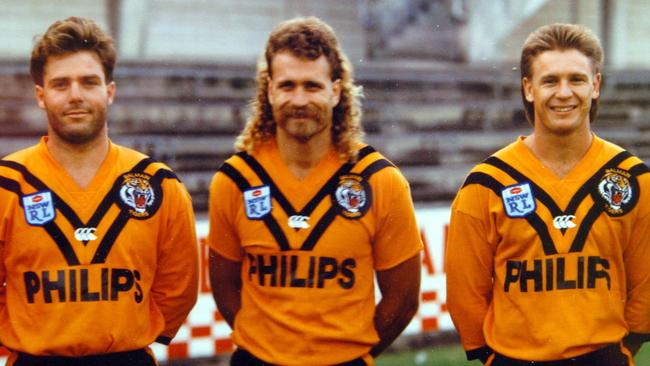 1989 Balmain players (L-R) Steve O'Brien, Kevin Hardwick and Gary Freeman at Leichhardt Oval in Sydney.