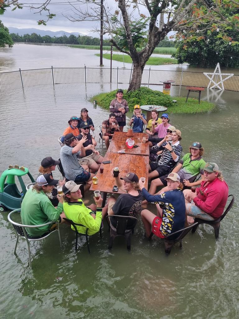 A group of locals headed to the Euramo Hotel for beers in the middle of the Far North Queensland flood disaster. Picture: Facebook