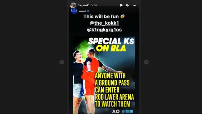 An Instagram story shared by Thanasi Kokkinakis says fans can enter with a ground pass. Picture: Instagram