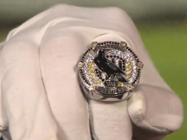 A prototype of Collingwood's 2023 premiership ring.