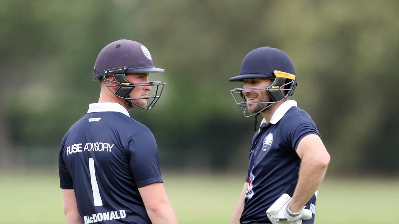 Josh McDonald and Eamonn Vines batting against Carlton in December, 2020. Picture: David Crosling