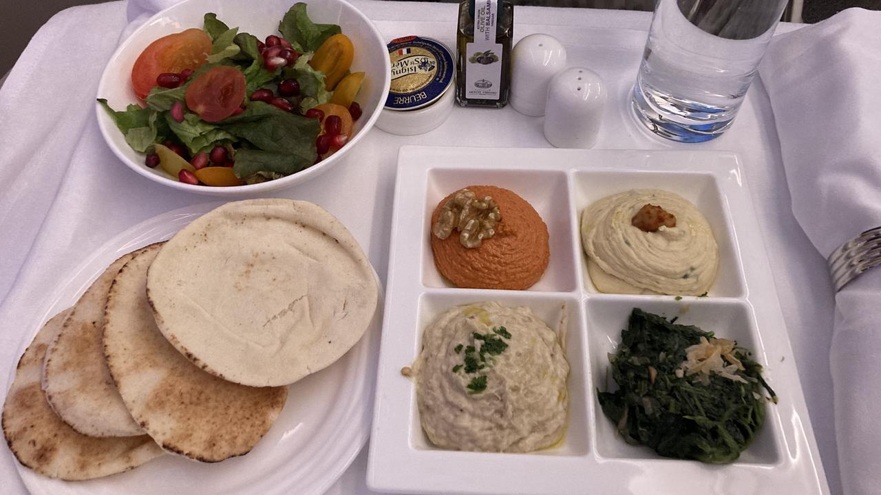 A mezze starter on the Emirates B777-300. Picture: news.com.au