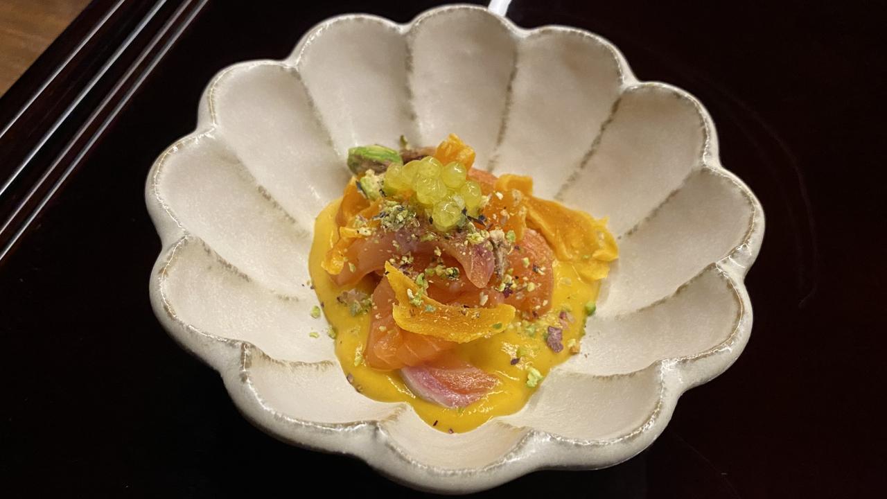 The cured salmon with persimmon and pumpkin puree at Korean Butterfly restaurant in Woolloongabba.