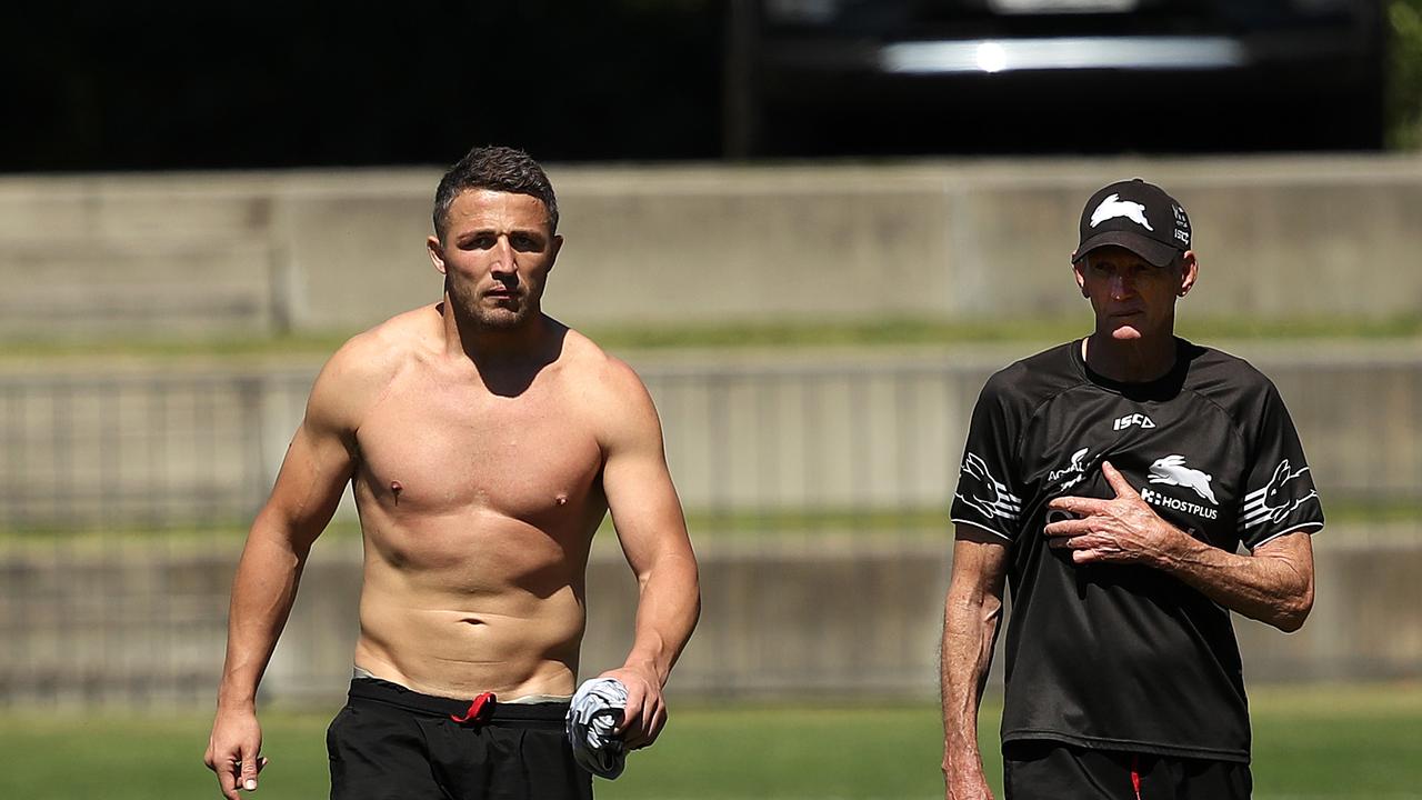 WEEKEND TELEGRAPHS SPECIAL. MUST TALK WITH PIC ED JEFF DARMANIN BEFORE PUBLISHING, Sam Burgess with coach Wayne Bennett last week at Souths Sydney Rabbitohs training. Picture. Phil Hillyard