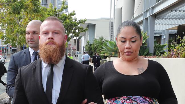 Mackenzie Waring, a former security guard at Justin Lane, leaves Southport Court with his wife who is due to give birth tomorrow. Picture: Glenn Hampson