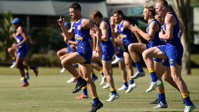 Jack Redden leads the way during a West Coast training session ahead of the 51st derby agains Fremantle at Perth’s Optus Stadium on Sunday. Picture: Getty Images