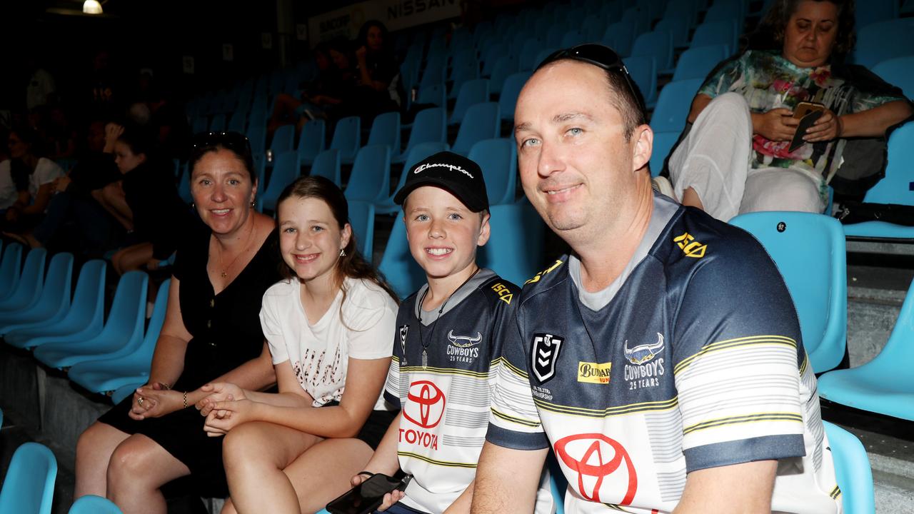 Super Netball game between Thunterbirds and Swifts at Cairns pop up stadium. Jill, Georgia, 12, Angus, 9, and Scott Smith. PICTURE: STEWART McLEAN