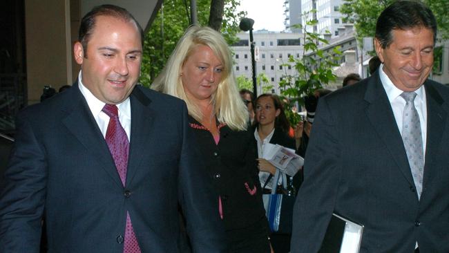 Tony Mokbel with his legal team, Nicola Gobbo and Con Heliotis, QC, outside Melbourne Magistrates’ Court.