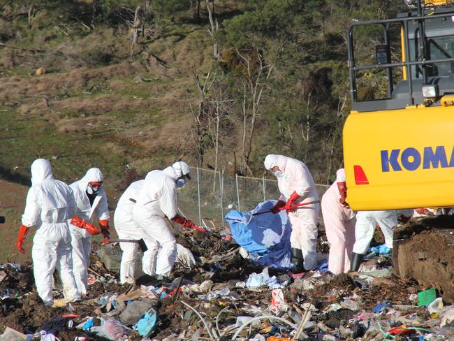 Tasmania Police search the Remount Road tip in Launceston as they search for Jake Anderson-Brettner’s body parts. Picture: BRUCE MOUNSTER