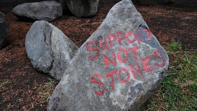 Grassroots Action Network Tasmania protested after the City of Hobart staff moved boulders under trees, which prevented homeless people from pitching their tents. Image: Grassroots Action Network Tasmania.