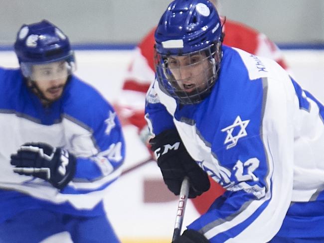 MADRID, SPAIN - APRIL 17: #22 Maxim Khubashili of Israel during the IIHF Ice Hockey World Championship In Madrid match between Israel and Georgia at Palacio de Hielo on April 17, 2023 in Madrid, Spain. (Photo by Borja B. Hojas/Getty Images)