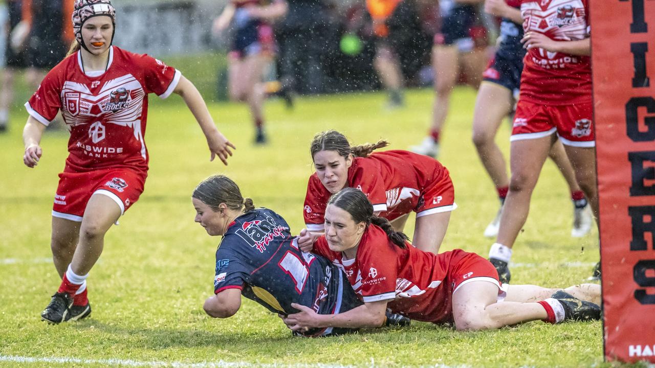 Ally Ramsay for Clydesdales is tackled just short of line. Picture: Nev Madsen