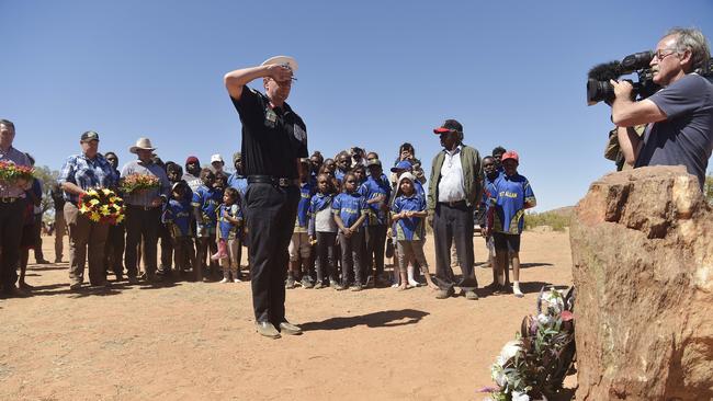 NT police commissioner Reece Kershaw pays his respect during the 90th anniversary commemoration of the Coniston Massacre at Yurrkuru on Friday, August 24, 2018. Picture: Keri Megelus