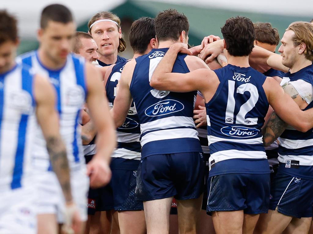 HOBART, AUSTRALIA - JULY 27: The Cats celebrate a goal during the 2024 AFL Round 20 match between the North Melbourne Kangaroos and the Geelong Cats at Blundstone Arena on July 27, 2024 in Hobart, Australia. (Photo by Dylan Burns/AFL Photos via Getty Images)