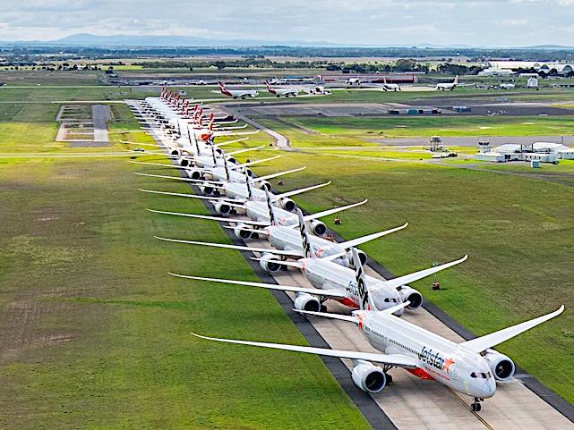 Grounded Jetstar and Qantas aircraft parked at Avalon Airport, Victoria. Picture: Facebook/Ingrid Henriksen Photography