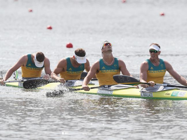 Australia's Ken Wallace, Riley Fitzsimmons, Jacob Clear and Jordan Wood finish in fourth place in the Men's Kayak Four 1000m Final at Lagoa Stadium during day 15 of the Rio 2016 Olympic Games. Picture: Brett Costello