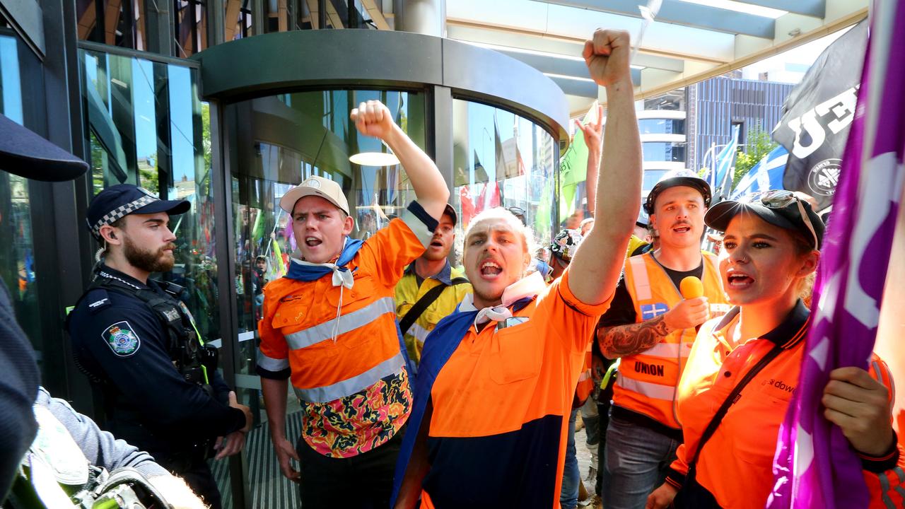 Union protesters at 1 William Street in Brisbane’s CBD. Picture: David Clark