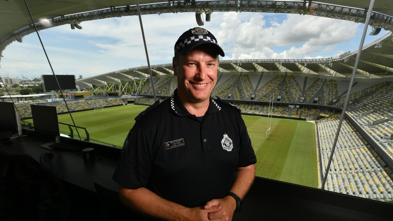 Townsville Station Officer in Charge Todd Noble in the police command centre at the Queensland Country Bank Stadium. Picture: Evan Morgan