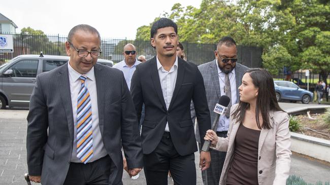 Talatau Junior Amone (centre) faces an uncertain future in the NRL. Picture: NCA NewsWire /Simon Bullard