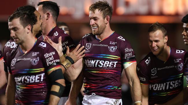 Andrew Davey celebrates a try against the Roosters. Picture: Cameron Spencer/Getty