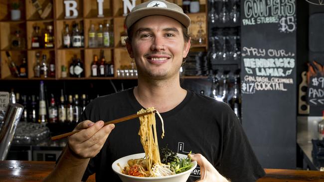 Bob Douglas with a bowl of vegan ramen. Picture: Jerad Williams