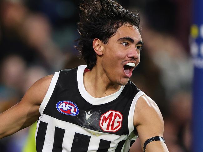 ADELAIDE, AUSTRALIA - AUG 17: Jase Burgoyne of the Power celebrates a goal during the 2024 AFL Round 23 match between the port Adelaide Power and the Adelaide Crows at Adelaide Oval on August 17, 2024 in Adelaide, Australia. (Photo by Sarah Reed/AFL Photos via Getty Images)