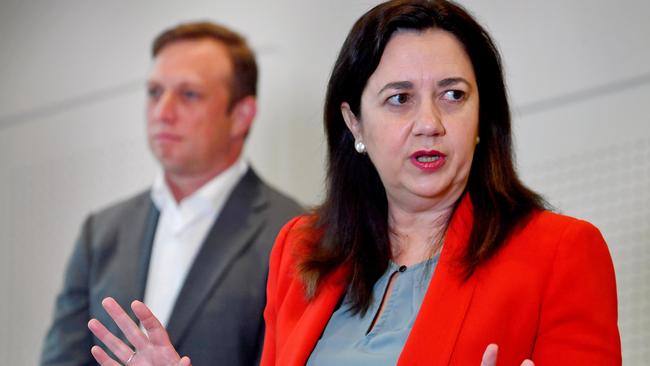 BRISBANE, AUSTRALIA - NewsWire Photos JUNE 23, 2021:  Queensland Premier Annastacia Palaszczuk talks to the media in Brisbane with Steven Miles MP in background.Picture: NCA NewsWire / John Gass