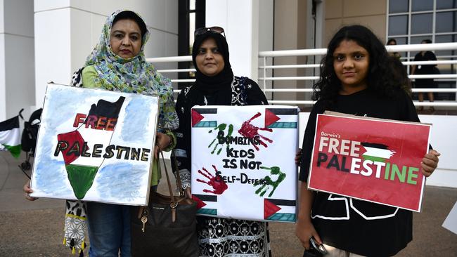 Farha Sattar, Beenish Ashraf and Zara Ashraf attended a pro-Palestine protest outside of the NT Parliament house on Friday October 27 calling for a ceasefire 20-days into the Gaza conflict.