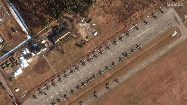 This Maxar satellite released on February 18 shows a view of Su-25 ground attack aircraft at Luninets Air Base in Belarus, about 50kms north of the Ukrainian border.