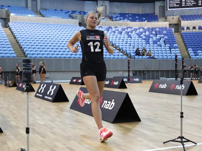 Montana McKinnon completes the sprint test during the 2019 AFLW draft combine at Margaret Court Arena in Melbourne. Picture: DYLAN BURNS/AFL PHOTOS VIA GETTY IMAGES