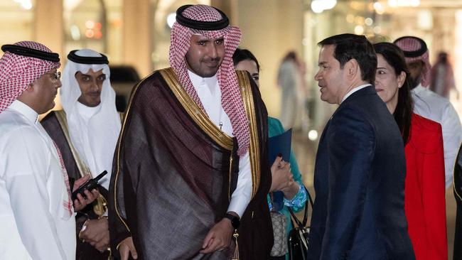 US Secretary of State Marco Rubio greets well-wishers upon arrival at King Abdulaziz International Airport in Jeddah. Picture: AFP