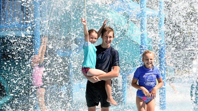 BEAT THE HEAT: Torquay's Flur Handley celebrates her sixth birthday at WetSide with brother Jasper, 13, and sister Amelia, 11. Picture: Alistair Brightman