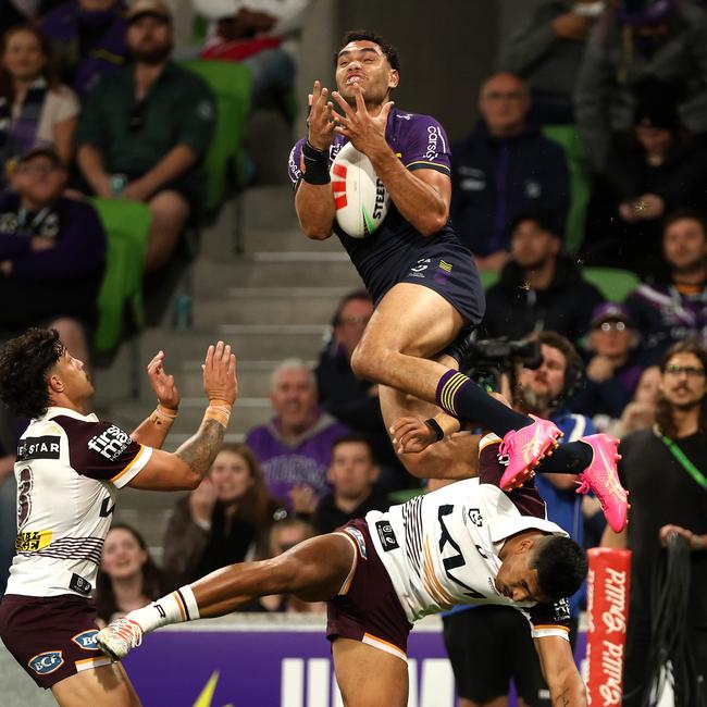 Xavier Coates flies for a high ball and comes down for a try. Picture: NRL Photos