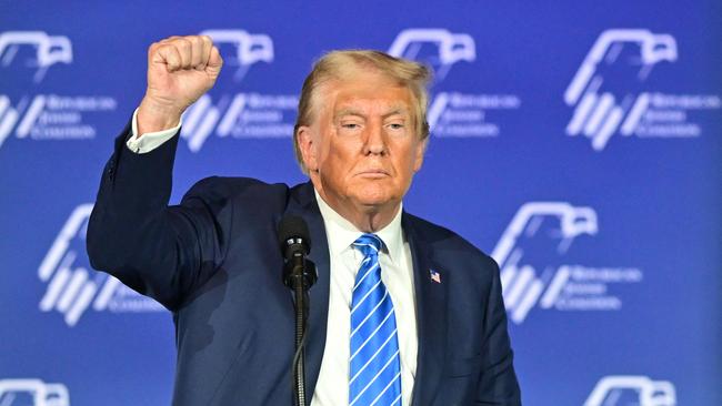 Donald Trump addresses the Republican Jewish Coalition summmit on Saturday in Las Vegas. Picture: AFP