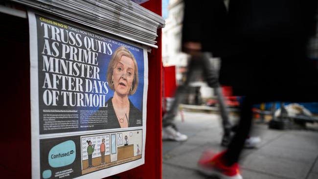 The front page of the London-based newspaper The Evening Standard announces the resignation of Prime Minister Liz Truss. Picture: Getty Images