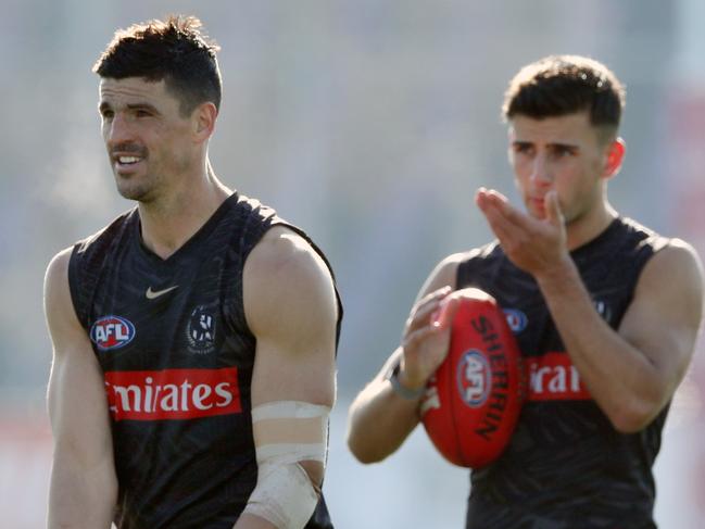 Scott Pendlebury and Nick Daicos at Collingwood training in Melbourne. Wednesday, July 3. 2024. Picture: David Crosling