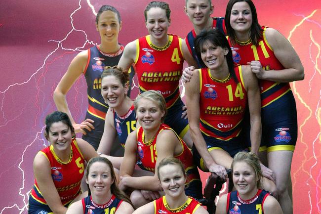 Adelaide Lightning basketball team (l-r back row) basketballer Laura Summerton with basketballers Tracey Braithwaite, Rachael Flanagan, Michelle Brogan, Rachael Sporn, Deanna Smith (l-r front row) Monique Bowley, Cherie Smith, Erin Phillips, Jennifer (Jenni) Screen and Jenah Piwanski.