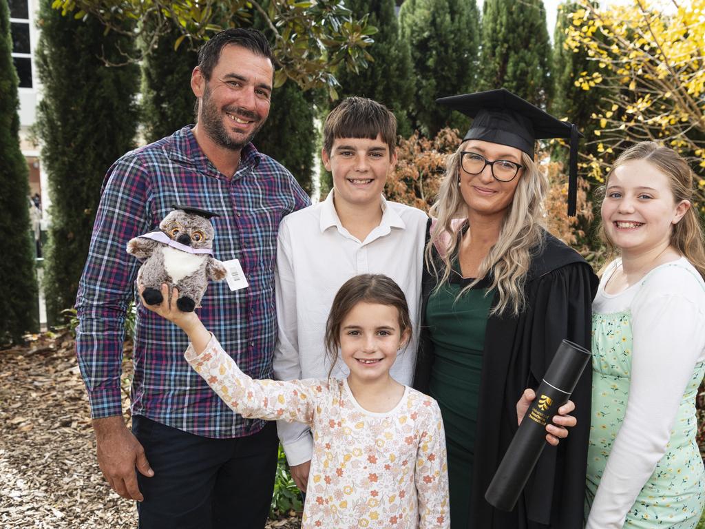 Bachelor of Education (Early Childhood) graduate Georgia Salgado with family (from left) Lachie, Kobi, Zara and Ariana Salgado at a UniSQ graduation ceremony at The Empire, Tuesday, June 25, 2024. Picture: Kevin Farmer